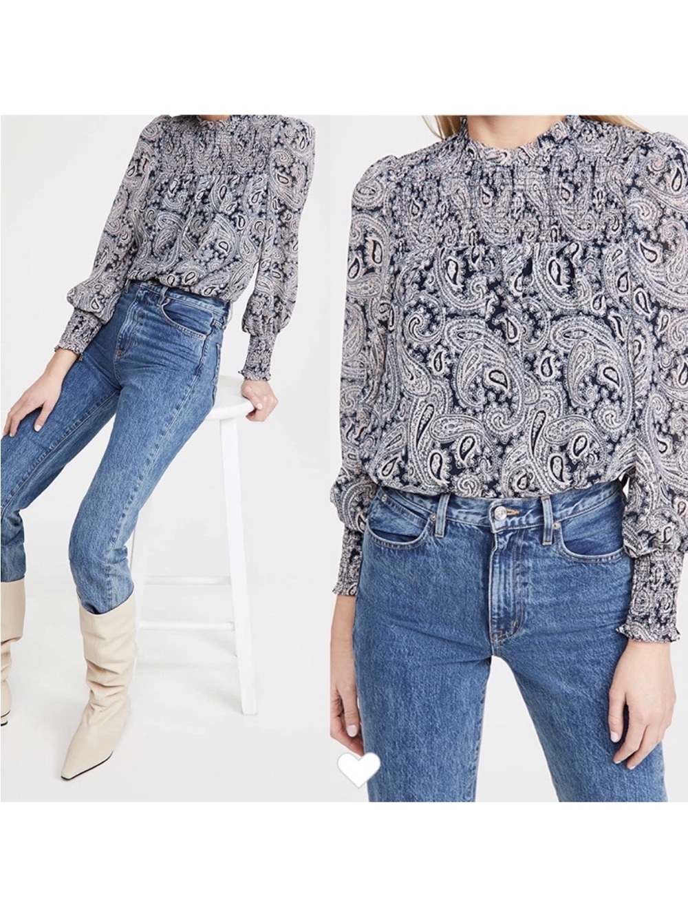 Cinq à Sept Stephanie Top Smoked Floral Paisley Blouse Navy Multi M